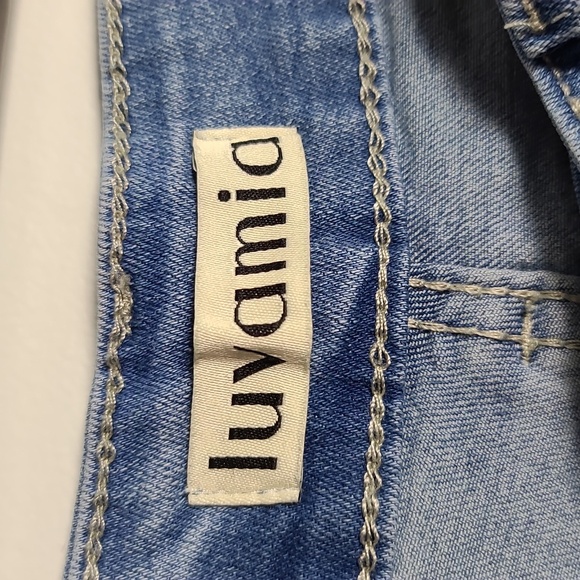 LUVAMIA Denim Jean Shorts Frayed Hem High Rise Rise Cotton Size Medium - Picture 2 of 15